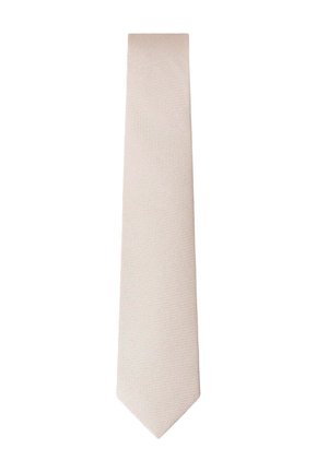 Light beige textured silk necktie with a subtle woven pattern, tapered with a pointed end.