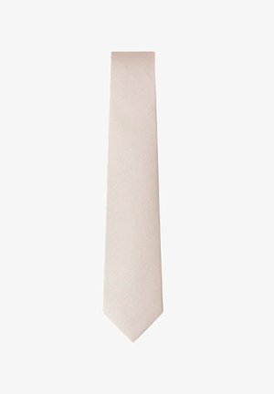Light beige textured silk necktie with a subtle woven pattern, tapered with a pointed end.