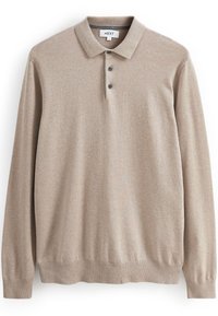 Polo a maniche lunghe beige realizzato in tessuto morbido. Presenta un colletto a coste, una patta con tre bottoni e un orlo aderente. Texture sottile su tutta la superficie.