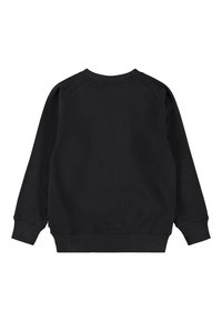 Svart hettegenser med rund hals og lange raglan-ermer. Den har en jevn tekstur og ribbede mansjetter med rett fald.