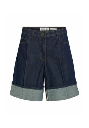 Tamsiai mėlyni džinsiniai šortai su atlenkiamais kraštais, priekyje sagomis ir užtrauktuku, diržo kilpomis bei šoninėmis ir mažosiomis kišenėmis.