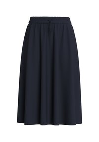 Jupe midi bleu marine avec taille élastique et cordon à l'avant, de coupe fluide et décontractée.