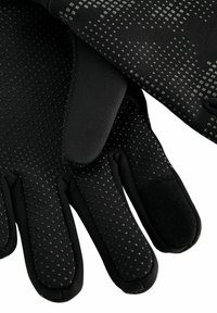 Schwarze Handschuhe mit einer strukturierten Oberfläche aus kleinen Punkten, hergestellt aus einem flexiblen Material mit verstärkten Fingerspitzen und einem glatten Handgelenköffnung.