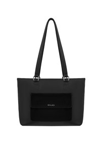 Sac fourre-tout en cuir noir avec une finition texturée, doté d'une poche avant à rabat en suède. Deux poignées et quincaillerie en métal argenté.