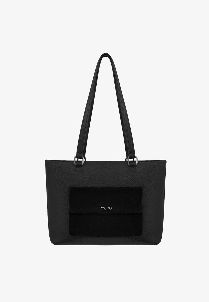 Sac fourre-tout en cuir noir avec une finition texturée, doté d'une poche avant à rabat en suède. Deux poignées et quincaillerie en métal argenté.