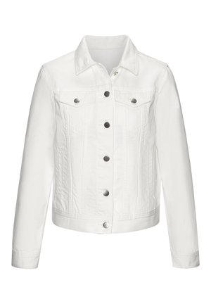 White denim jacket with long sleeves, button front closure, two chest flap pockets, and structured collar.