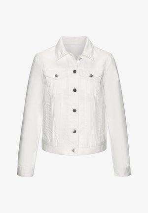Giacca di denim bianco con maniche lunghe, chiusura frontale con bottoni, due tasche a patta sul petto e colletto strutturato.