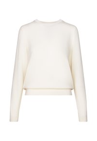 Maglione color crema a maniche lunghe realizzato in materiale morbido, con scollo rotondo e una vestibilità comoda con orlo accorciato.