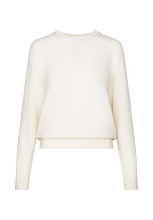 Kremowy sweter z długim rękawem wykonany z miękkiego materiału, z okrągłym dekoltem i luźnym krojem, z krótkim dołem.