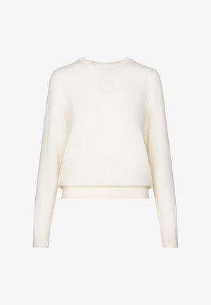 Cremefarbenes, langärmeliges Sweatshirt aus weichem Material, mit rundem Ausschnitt und lässigem Schnitt, der am Cropped-Hem endet.