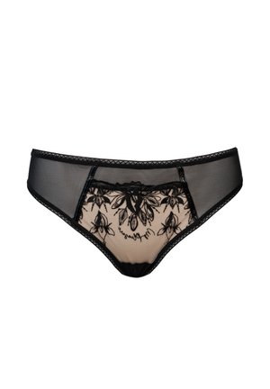 Black sheer lace bikini panties with floral embroidery and nude mesh lining on front panel, delicate lace trim along edges.