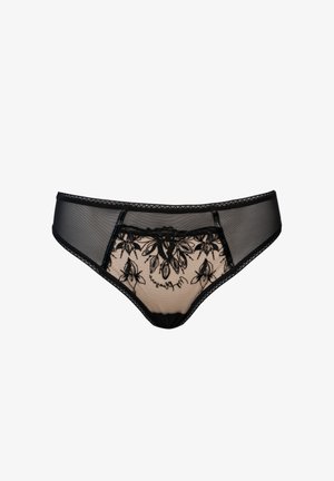 Black sheer lace bikini panties with floral embroidery and nude mesh lining on front panel, delicate lace trim along edges.