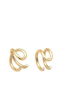 Kolczyki z metalu w kolorze złotym o płynnym, abstrakcyjnym wzorze z dwoma spiralnymi kształtami, z których każdy kończy się małym zaokrąglonym zakończeniem.