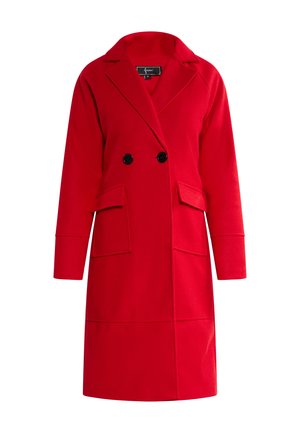 Cappotto in misto lana rosso con colletto a punta, design doppiopetto, due tasche frontali e maniche lunghe. Texture liscia e vestibilità su misura.