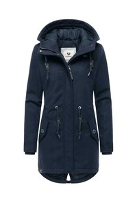 Navy blue parka jacket with a hood, front zipper, drawstrings, two side pockets, and a slightly curved hem. Soft-textured fabric.