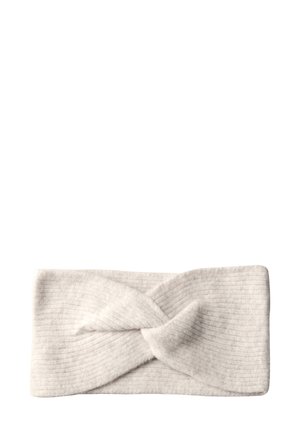 Fascia per capelli di colore grigio chiaro in tessuto a costine, con dettaglio anteriore annodato, caratterizzata da una texture morbida e una forma rettangolare larga.