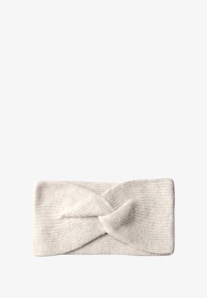 Diadema de tela acanalada gris claro con un detalle de nudo en la parte frontal, que presenta una textura suave y una forma rectangular ancha.