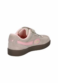 Suede sneakers in light gray with pink accents. Features a velcro strap, rounded toe, and textured brown rubber sole.