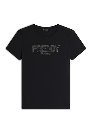 T-shirt in cotone nero con maniche corte e scollatura rotonda. Presenta la scritta "FREDDY TRAINING" in lettering argentato sul petto.