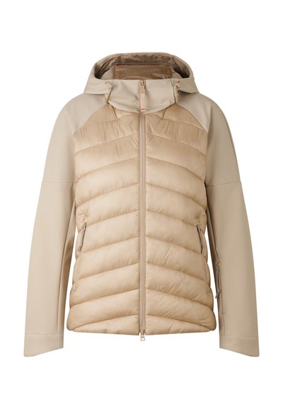 Beige isolierte Jacke mit Kapuze, mit einem gesteppten Körper und glatten Ärmeln, vorderem Reißverschluss und seitlichen Taschen.