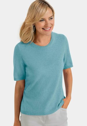 Kurze Ärmel, Rundhalsausschnitt Pullover aus hellblauem Strickstoff. Weiche Textur mit gerippten Kanten und einem lässigen Schnitt. Einfaches, vielseitiges Design.