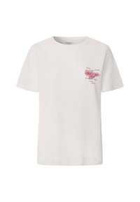 T-shirt en coton blanc à manches courtes. Présente un design graphique rose avec le texte "Pepe Jeans London" et "Portobello Rd" sur le devant.