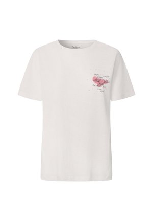 Weißes Baumwoll-T-Shirt mit kurzen Ärmeln. Mit einem rosa grafischen Design auf der Vorderseite, das den Text "Pepe Jeans London" und "Portobello Rd" enthält.