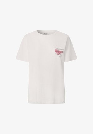 Bela bomba majica s kratkimi rokavi. Na sprednji strani je rožnata grafika z napisom "Pepe Jeans London" in "Portobello Rd".