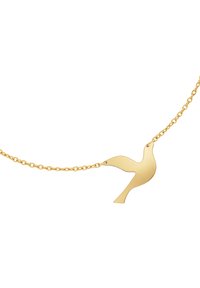 Collana d'oro con un pendente a forma di silhouette di uccello. La catena è delicata con maglie uniformi, e il pendente ha una finitura liscia e lucida.