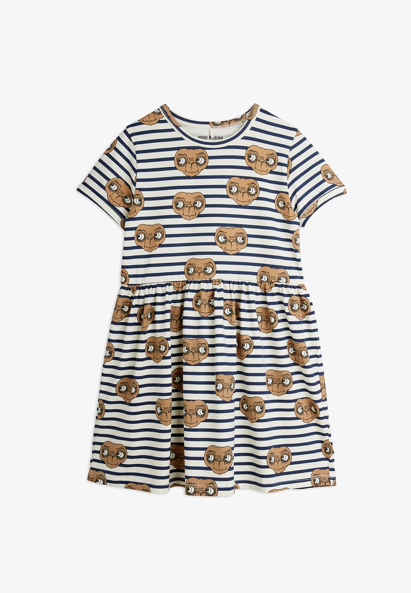 Trumpas rankovėmis suknelė, turinti mėlynai-baltą juostuotą raštą, puošti pakartotiniais rudos spalvos ateivio galvų grafika. Išsiplėtusios suknelės sijono dizainas.