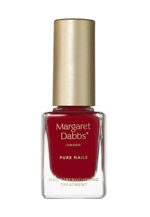 Rote Nagelstärkungsbehandlung in einer klaren Glasflasche mit goldenem Verschluss, beschriftet Margaret Dabbs London Pure Nails.