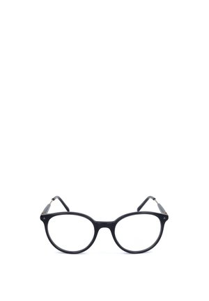 Occhiali da vista neri con montatura completa, lenti arrotondate e aste sottili, esposti su sfondo bianco.