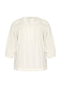 White blouse made of lightweight fabric featuring intricate lace patterns and horizontal stripes, with a relaxed fit and balloon sleeves.