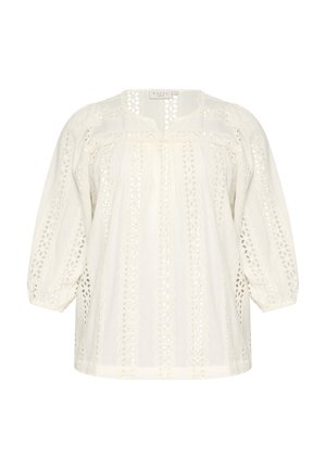 Blusa bianca realizzata in tessuto leggero, caratterizzata da intricate fantasie in pizzo e righe orizzontali, con una vestibilità rilassata e maniche a sbuffo.