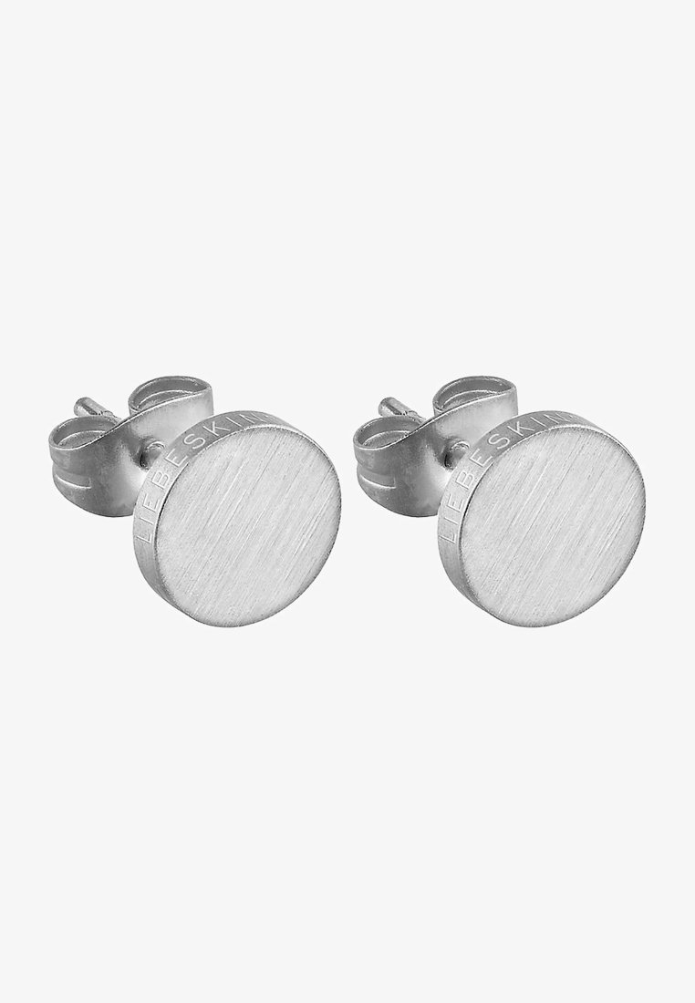 Orecchini a vite in metallo argento spazzolato con design rotondo. Ogni orecchino presenta una superficie testurizzata e un fissaggio sicuro sul retro.