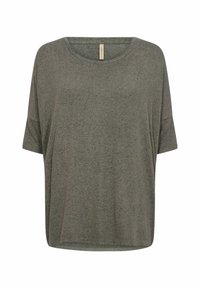 T-shirt gris à manches courtes, ample, en tissu doux et texturé, avec un col rond et un design à épaules tombantes.