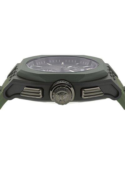 Žalias silikono laikrodis su juodu ir žaliu korpusu, stačiakampio formos, su tekstūruotais akcentais ir liūto galvos laikrodžio vainikėlio detalėmis.