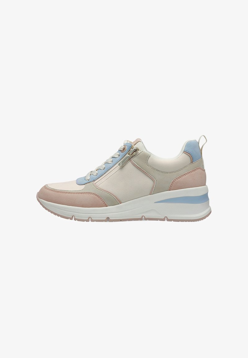 Sneaker chiaro con un mix di materiali scamosciati e lisci. Presenta dettagli rosa e blu, una cerniera frontale e una suola bianca spessa.