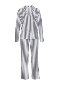 Striped pajama set featuring a button-up long-sleeve top and matching pants. Colors include white with navy blue stripes. Soft fabric texture.