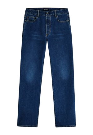 Jean en denim bleu foncé, coupe droite, avec bouton et fermeture éclair à l'avant, style cinq poches, et légère décoloration sur les cuisses.