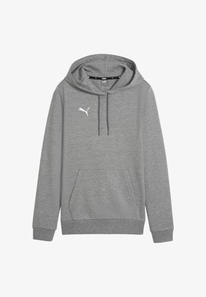 Grijze hoodie van een zachte katoenmix met een kangoeroezak, trekkoordkap en wit logo op de borst. Ribgebreide boorden en onderrand.