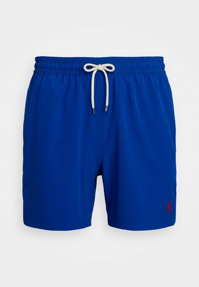 Blaue Badeshorts aus leichtem Material, mit einem elastischen Bund und Kordelzug, sowie einem kleinen roten Logo unten rechts.