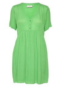 Grünes kurzärmeliges Kleid mit V-Ausschnitt, Knopfdetails und gerafftem Rock. Hergestellt aus leichtem Stoff mit strukturierter Oberfläche.