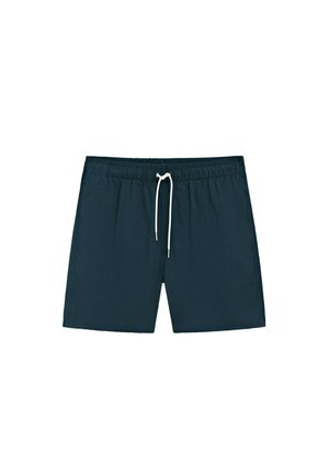 Pantaloncini da nuoto blu scuro con fascia elastica in vita e laccio bianco al centro davanti.