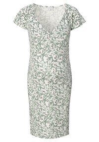 Vestido envolvente floral en un suave tono verde, con escote en V, mangas cortas y una silueta ajustada con estampados botánicos en blanco y negro.