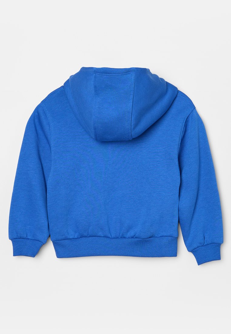 Felpa blu a maniche lunghe per bambini con polsini e fasce in costina, mostrata da dietro su uno sfondo bianco.