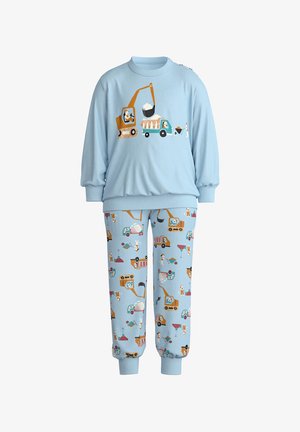 Light blue pajama set featuring a long-sleeve top with a construction vehicle graphic and patterned pants with various construction illustrations.