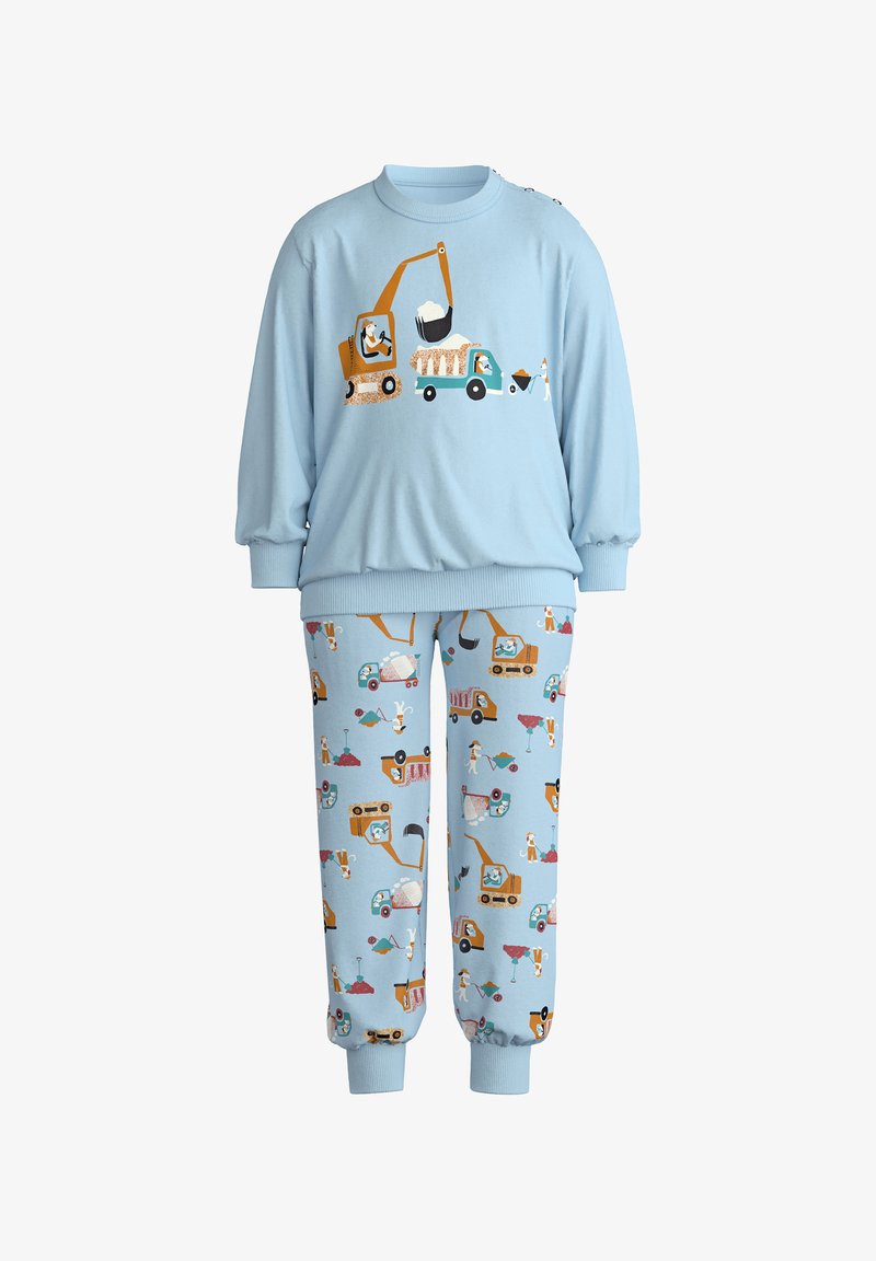 Lichtblauw pyjama-set met een langslavend top met een grafiek van een bouwvoertuig en een broek met patronen van verschillende bouwillustraties.