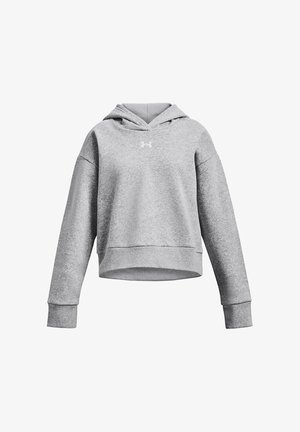 Sweat à capuche court gris clair avec manches longues, poignets côtelés, une capuche et un petit logo réfléchissant au centre de la poitrine.