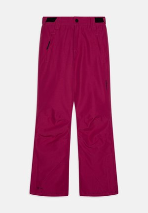 Fuksjowe spodnie narciarskie o prostym kroju, wykonane z trwałego materiału. Posiadają wiele kieszeni oraz czarne akcenty na pasku.